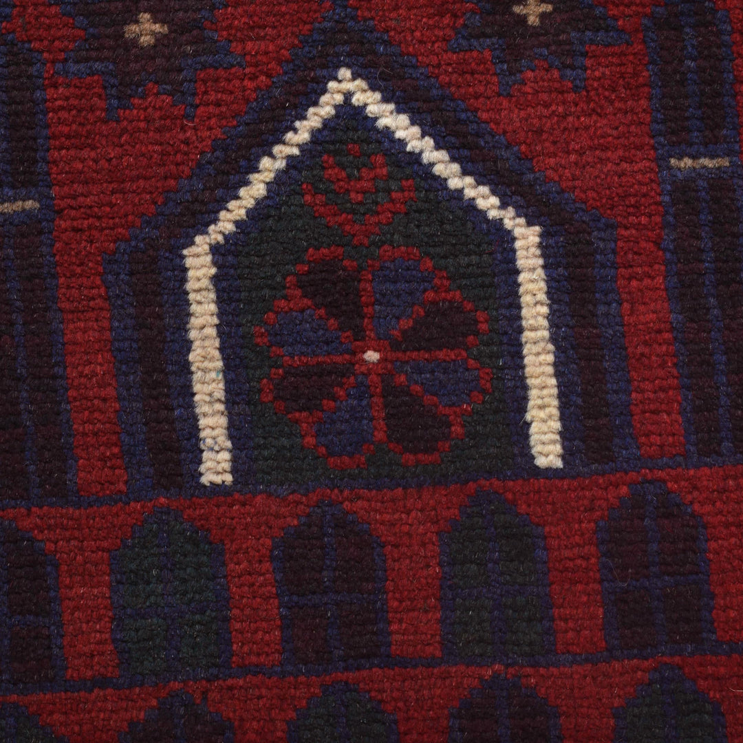 Red Afghan Prayer Rug 3' 0" x 4' 8" Hand-Knotted close-up