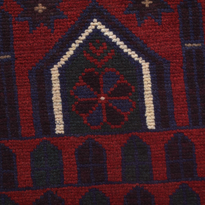 Red Afghan Prayer Rug 3' 0" x 4' 8" Hand-Knotted close-up