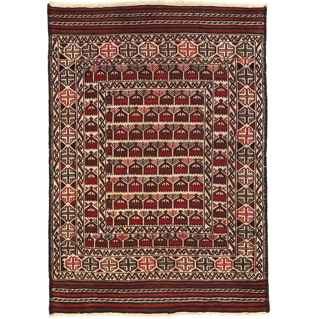 White Afghan Soumak Rug 4' 2" x 5' 11" Flat-Weave