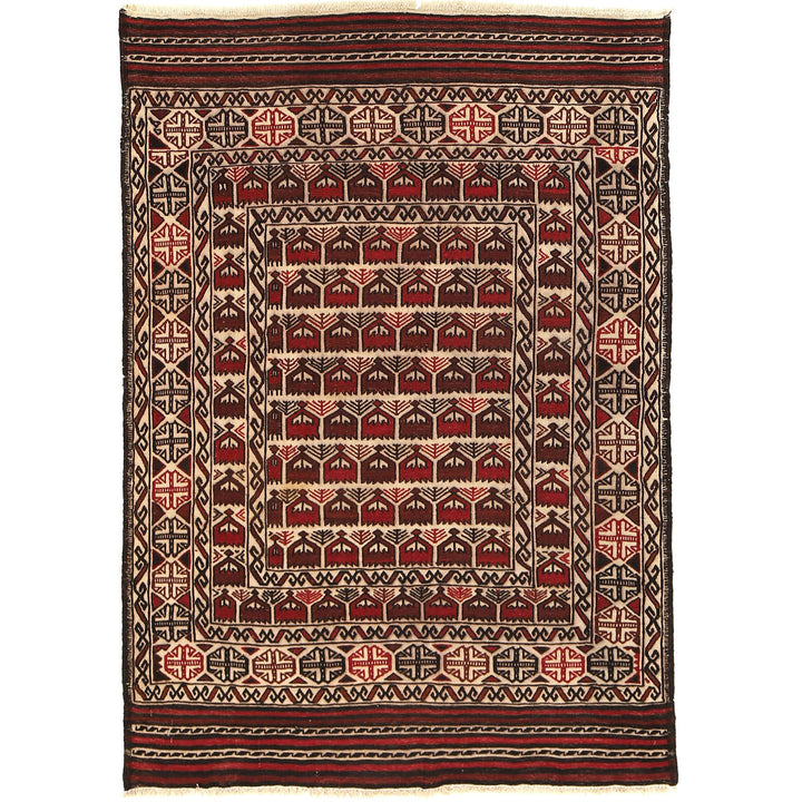 White Afghan Soumak Rug 4' 2" x 5' 11" Flat-Weave