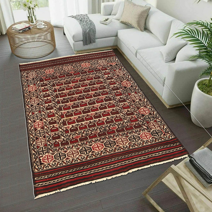 White Afghan Soumak Rug 4' 2" x 5' 11" Flat-Weave field