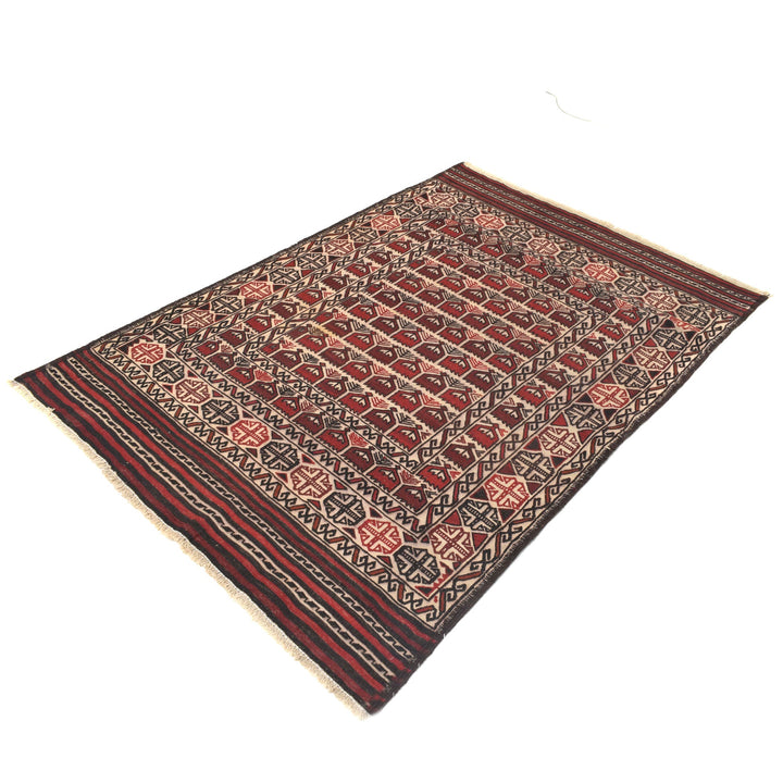 White Afghan Soumak Rug 4' 2" x 5' 11" Flat-Weave close-up