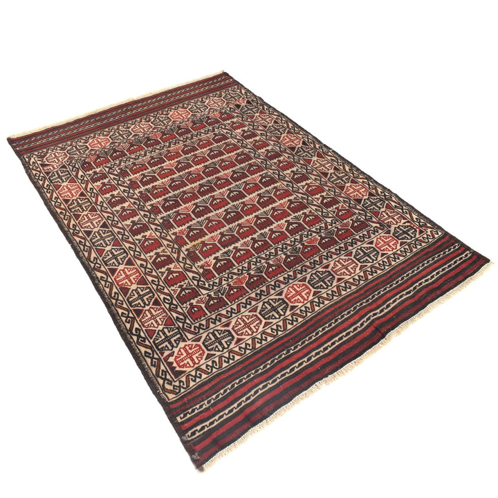 White Afghan Soumak Rug 4' 2" x 5' 11" Flat-Weave pattern