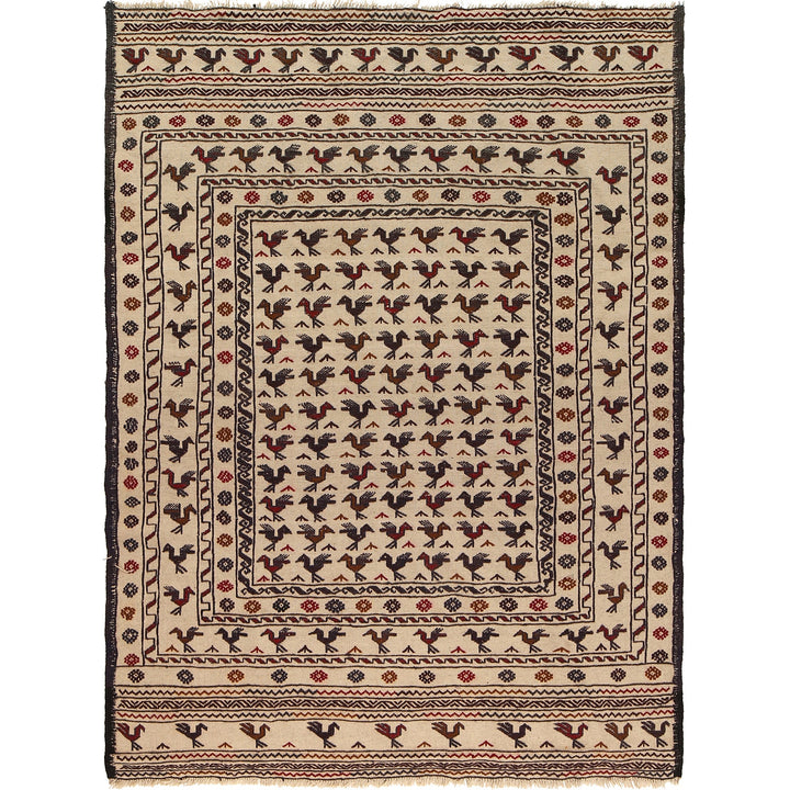 White Afghan Soumak Rug 4' 6" x 6' 1" Flat-Weave