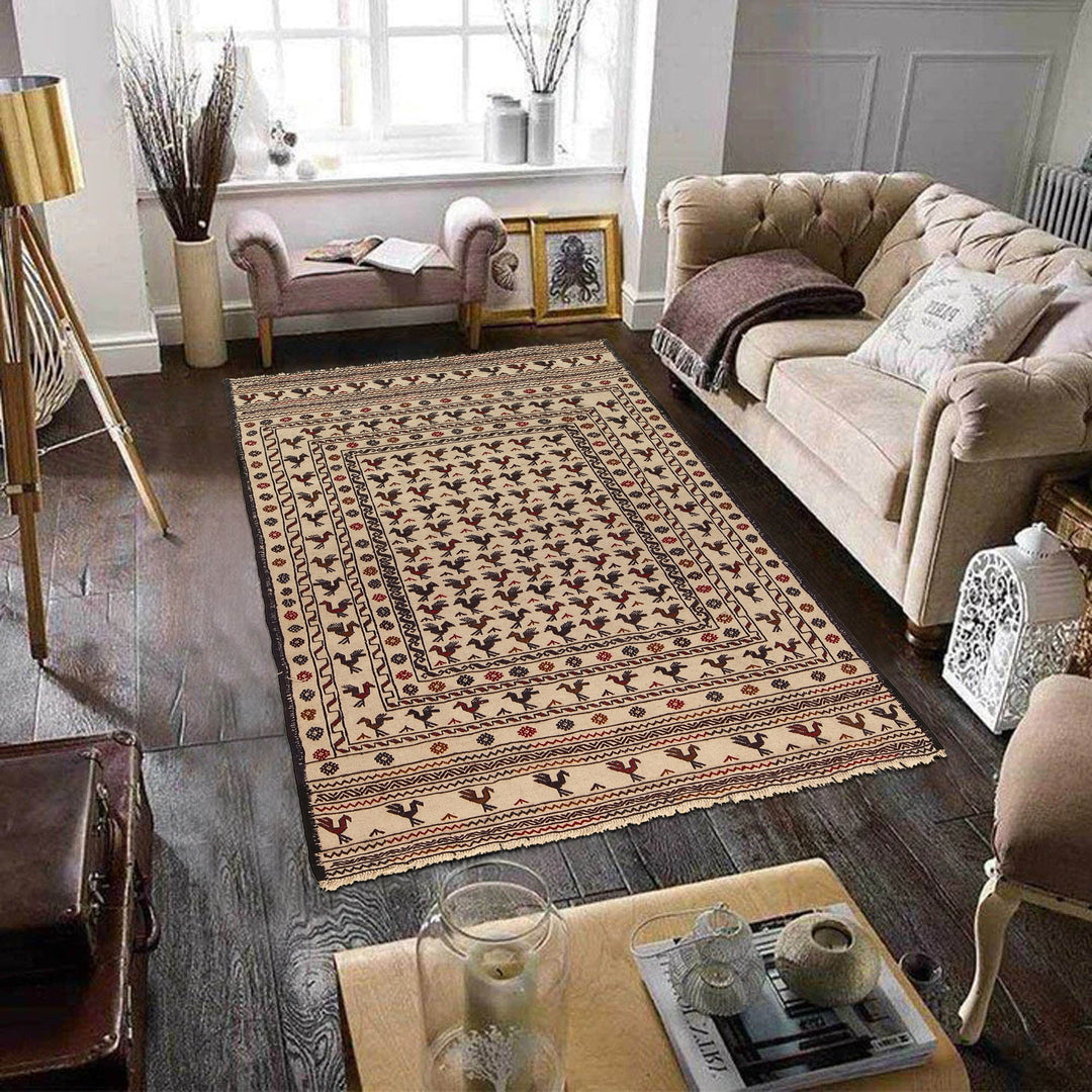 White Afghan Soumak Rug 4' 6" x 6' 1" Flat-Weave field