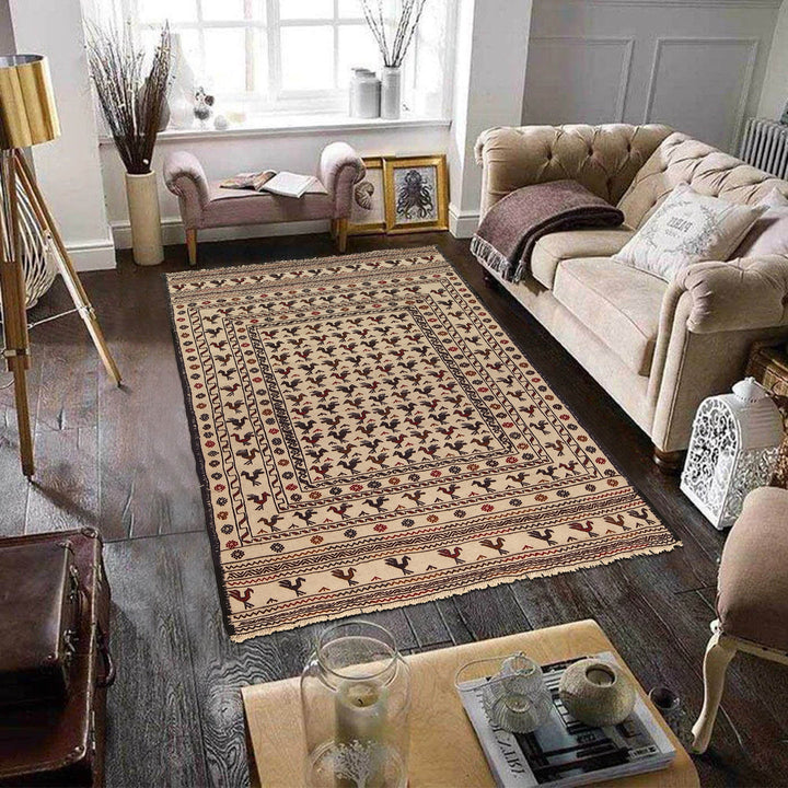 White Afghan Soumak Rug 4' 6" x 6' 1" Flat-Weave field