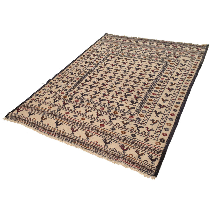 White Afghan Soumak Rug 4' 6" x 6' 1" Flat-Weave close-up