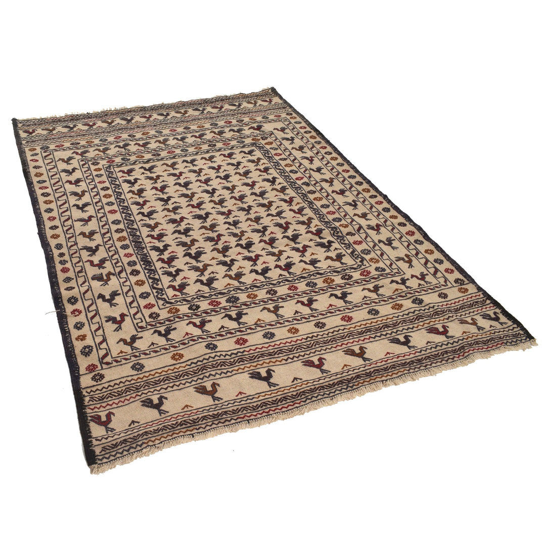 White Afghan Soumak Rug 4' 6" x 6' 1" Flat-Weave pattern