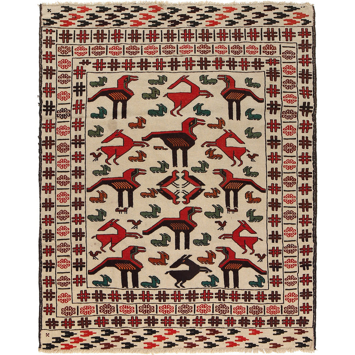 White Afghan Soumak Rug 4' 6" x 5' 8" Flat-Weave