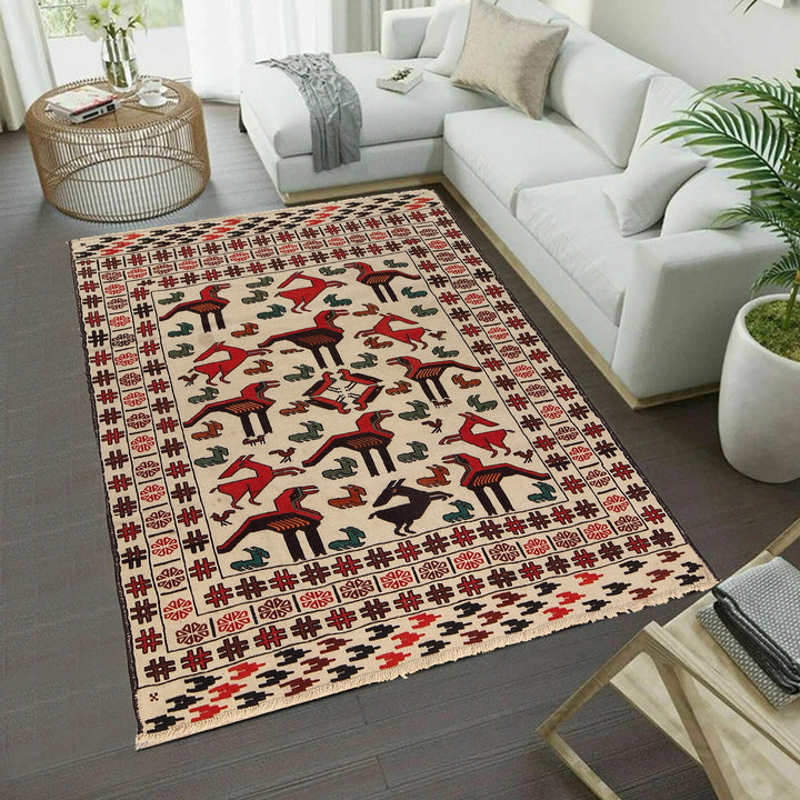 White Afghan Soumak Rug 4' 6" x 5' 8" Flat-Weave field
