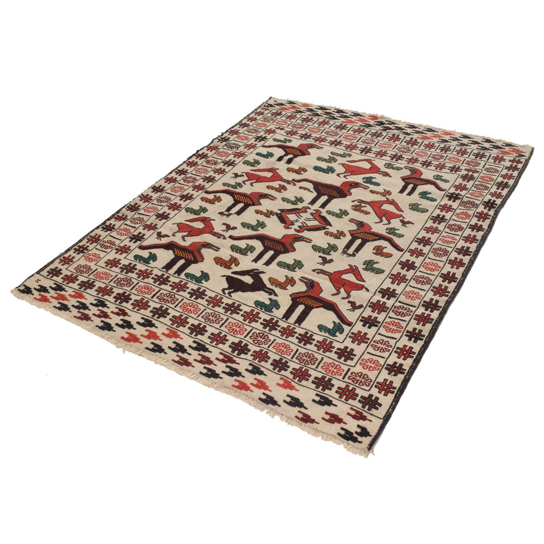 White Afghan Soumak Rug 4' 6" x 5' 8" Flat-Weave close-up