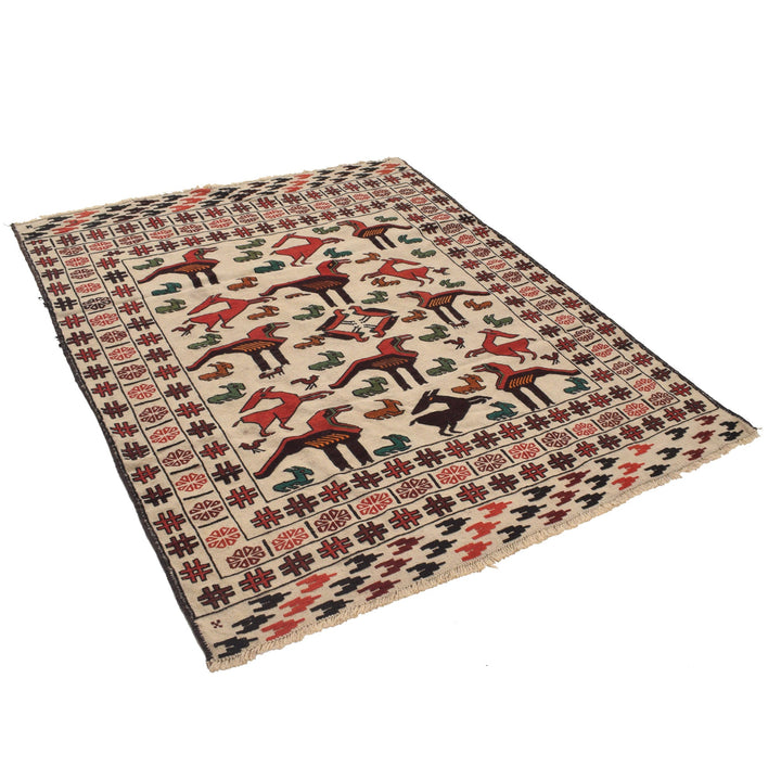 White Afghan Soumak Rug 4' 6" x 5' 8" Flat-Weave pattern