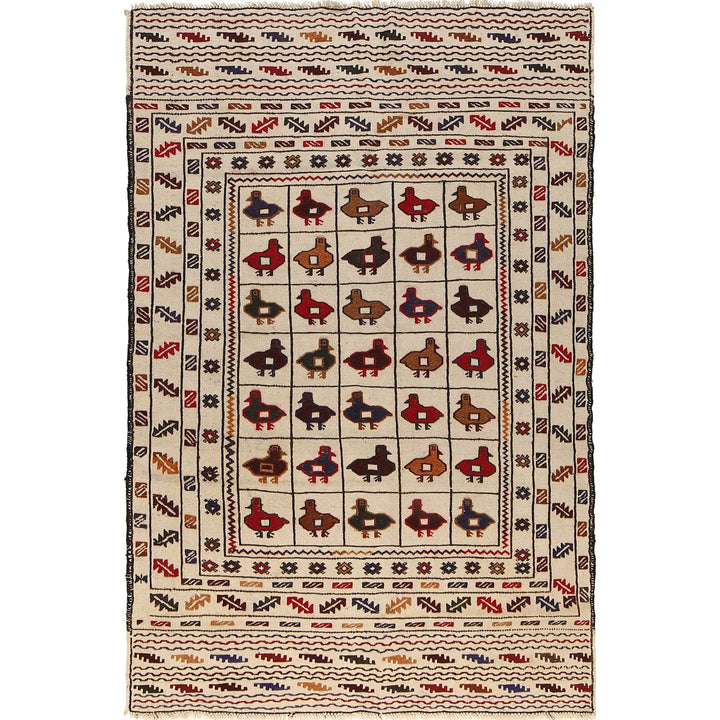 White Afghan Soumak Rug 3' 10" x 5' 10" Flat-Weave
