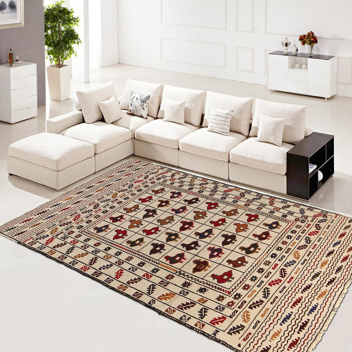 White Afghan Soumak Rug 3' 10" x 5' 10" Flat-Weave field