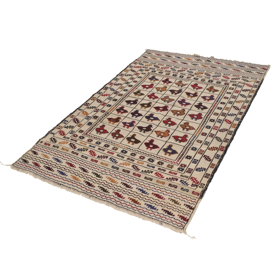 White Afghan Soumak Rug 3' 10" x 5' 10" Flat-Weave close-up