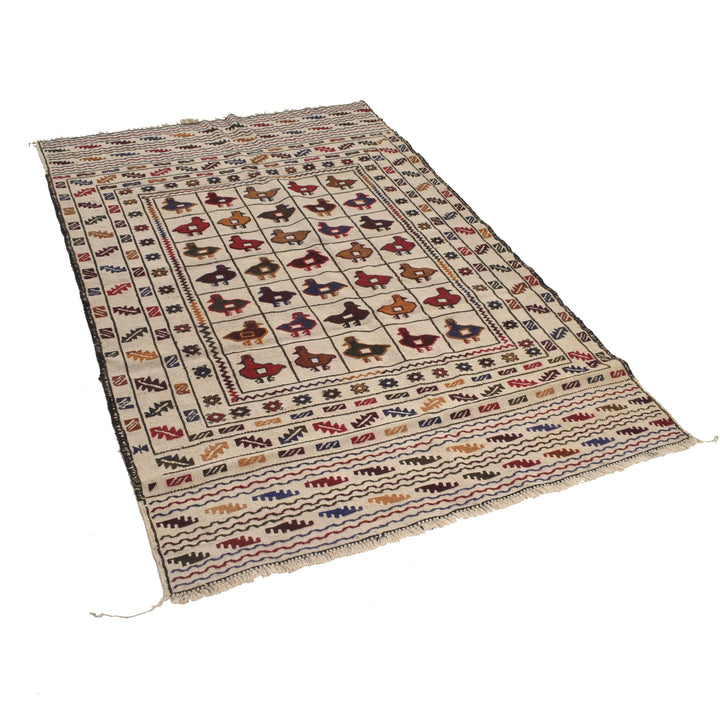 White Afghan Soumak Rug 3' 10" x 5' 10" Flat-Weave pattern
