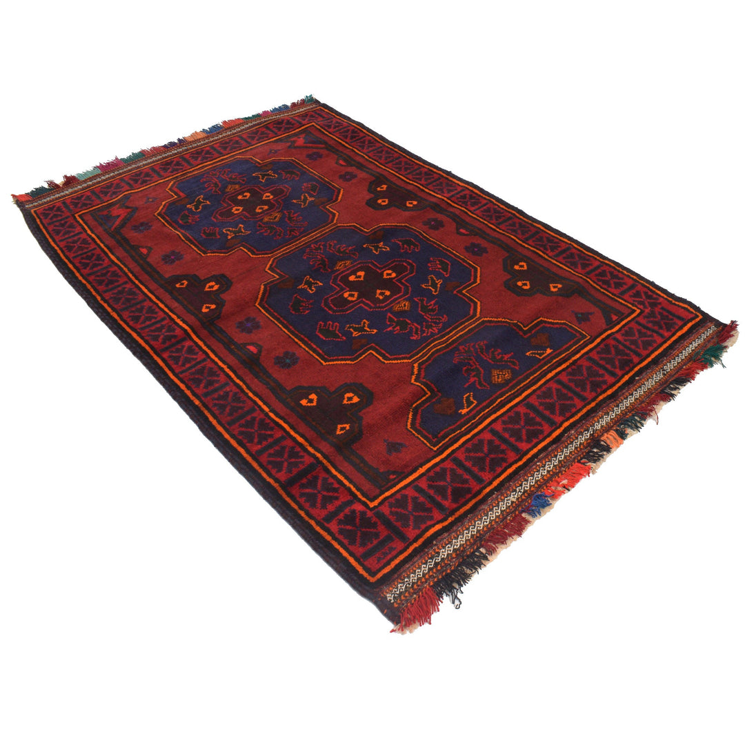 Red Afghan Baluchi Rug 4' 1" x 6' 5" Hand-Knotted pattern