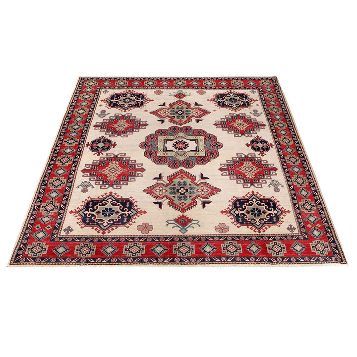 Beige Afghan Kazak Rug 8' 3" x 9' 8" Hand-Knotted detail