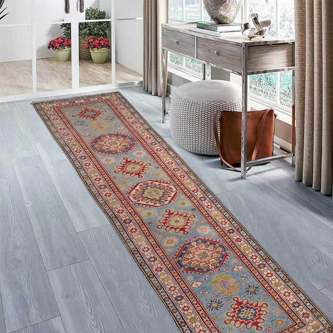 Blue Afghan Kazak Rug 2' 8" x 12' 9" Hand-Knotted view 9