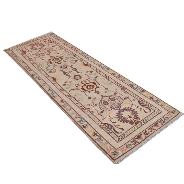 Beige Afghan Kazak Rug 2'6" x 7'7" Hand-Knotted | No. AL35515
