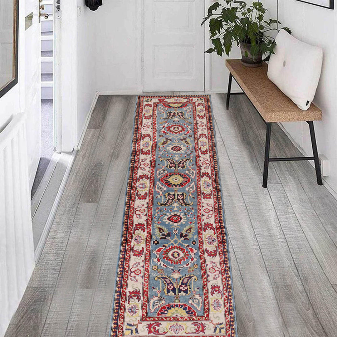 Blue Afghan Kazak Rug 3' 1" x 12' 10" Hand-Knotted reverse