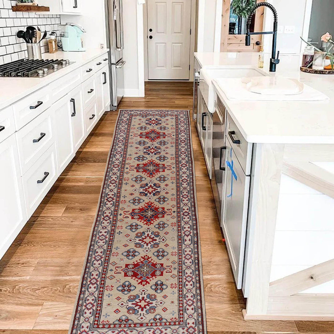 Beige Afghan Kazak Rug 2' 9" x 9' 7" Hand-Knotted | No. AL33189