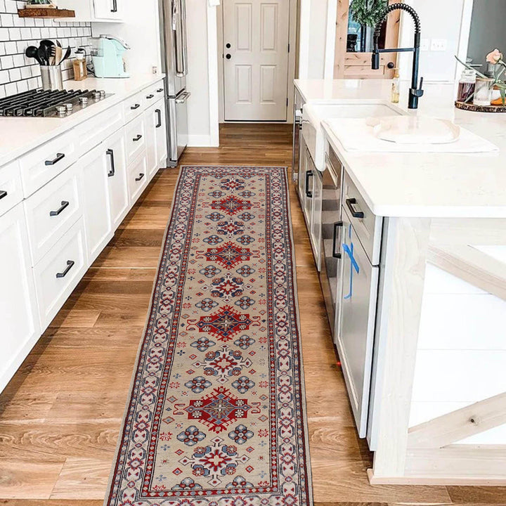 Beige Afghan Kazak Rug 2' 9" x 9' 7" Hand-Knotted | No. AL33189