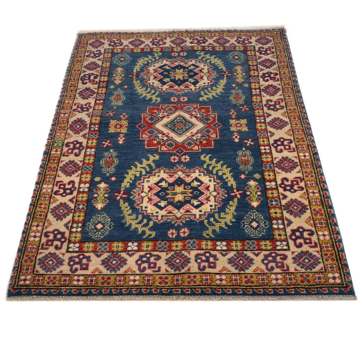 Blue Afghan Kazak Rug 3' 3" x 5' 1" Hand-Knotted detail