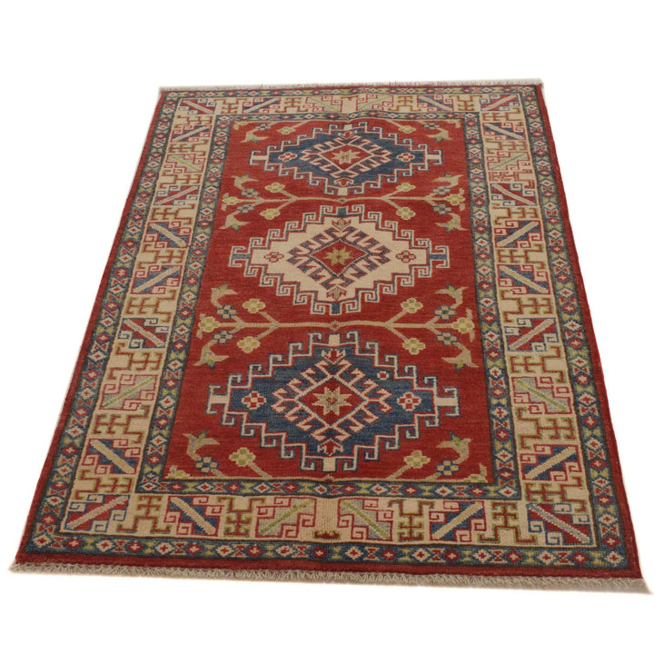 Red Afghan Kazak Rug 3' 2" x 4' 9" Hand-Knotted | No. AL63037