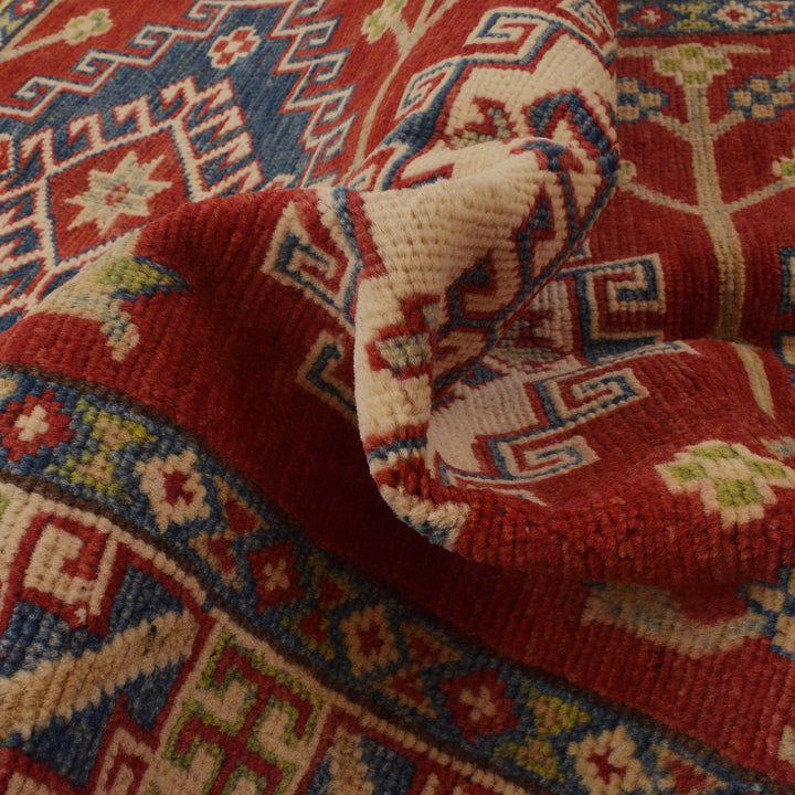 Red Afghan Kazak Rug 3' 2" x 4' 9" Hand-Knotted | No. AL63037