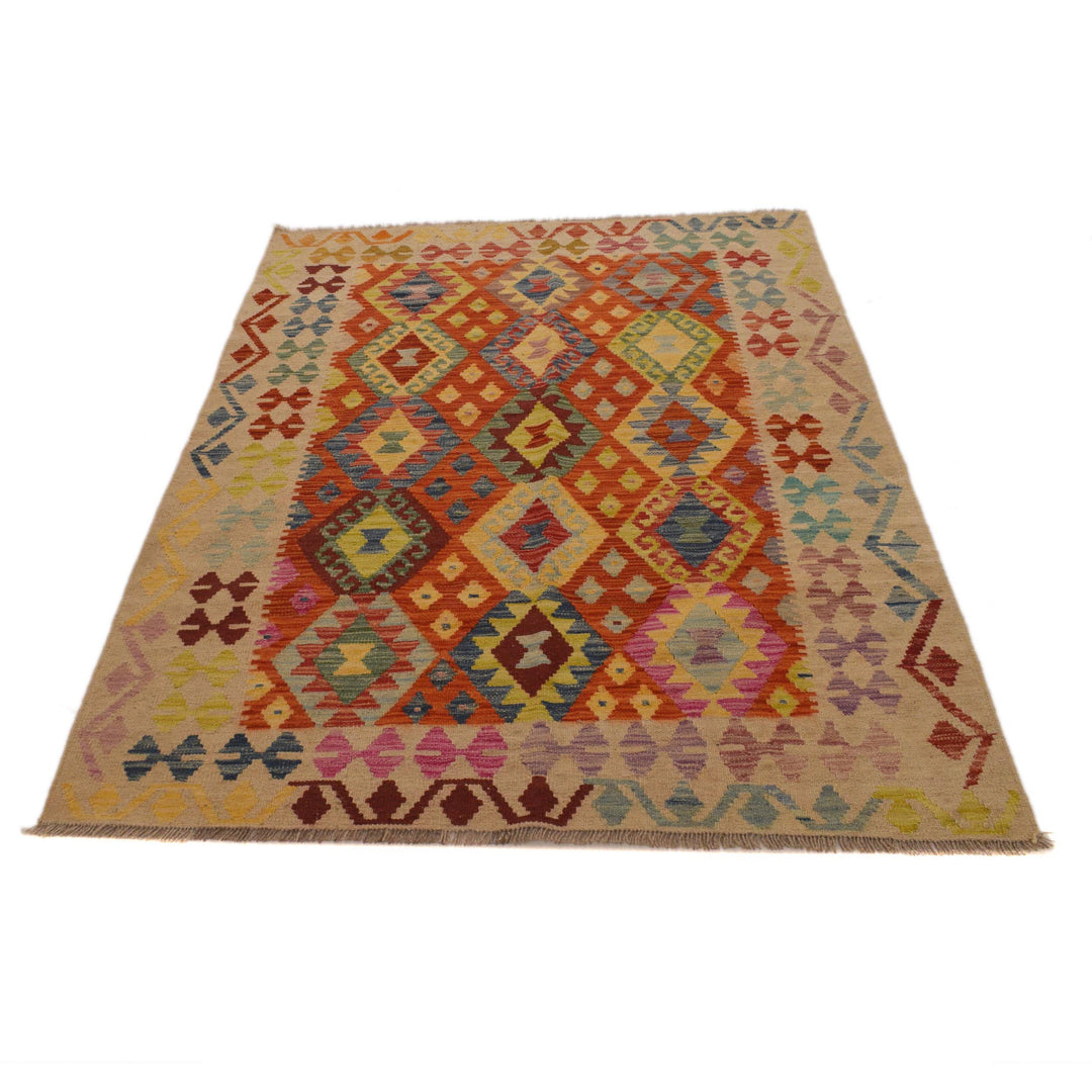 Afghan Vegetable Kilim Rug 4' 2" x 5' 7" Flat-Weave detail