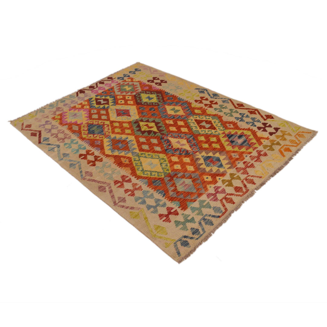 Afghan Vegetable Kilim Rug 4' 2" x 5' 7" Flat-Weave close-up