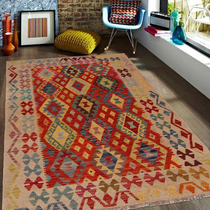 Afghan Vegetable Kilim Rug 4' 2" x 5' 7" Flat-Weave view 9