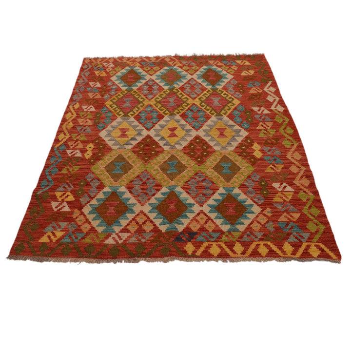 Colorful Flat-Weave Wool Kilim 4' 2" x 5' 8" - No. AL70983