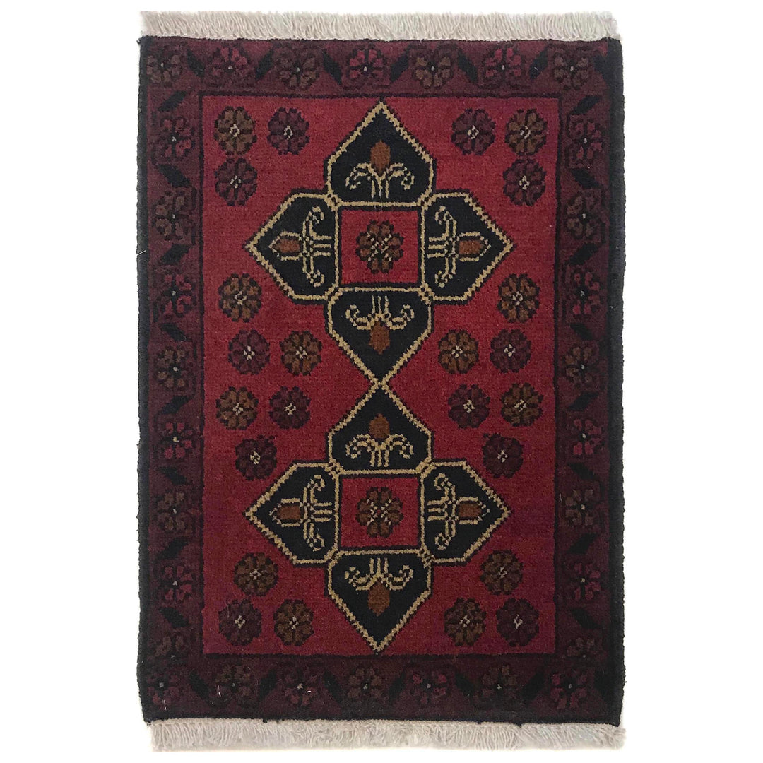 Red Afghan Doormat Rug 1' 4" x 2' 0" Hand-Knotted