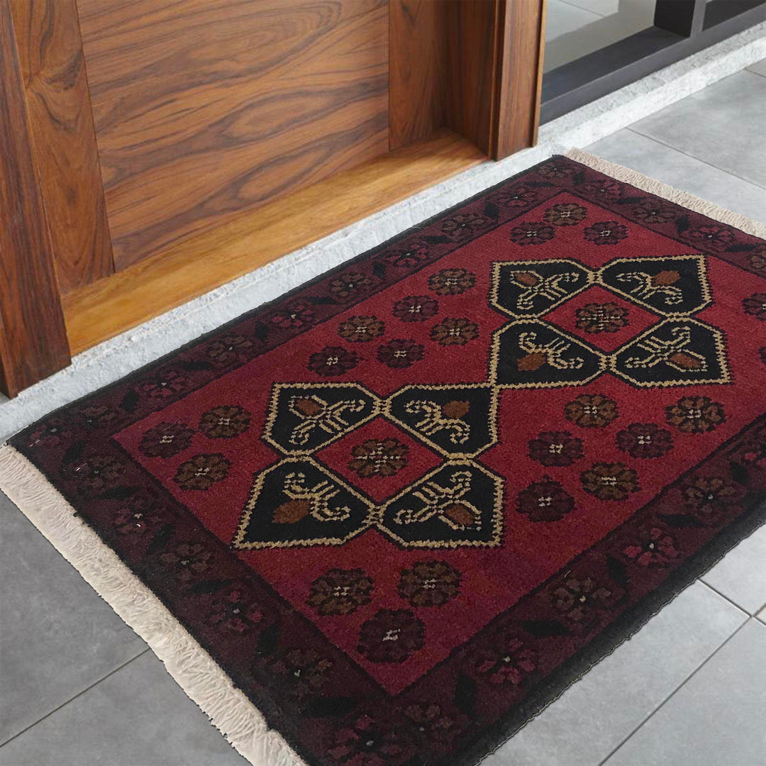 Red Afghan Doormat Rug 1' 4" x 2' 0" Hand-Knotted detail
