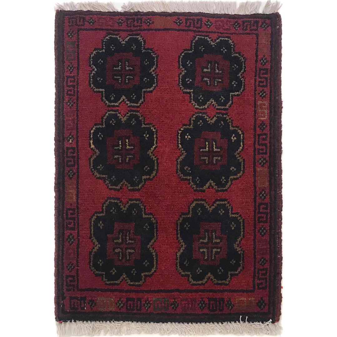 Red Afghan Oriental Rug 1' 3" x 1' 10" Hand-Knotted