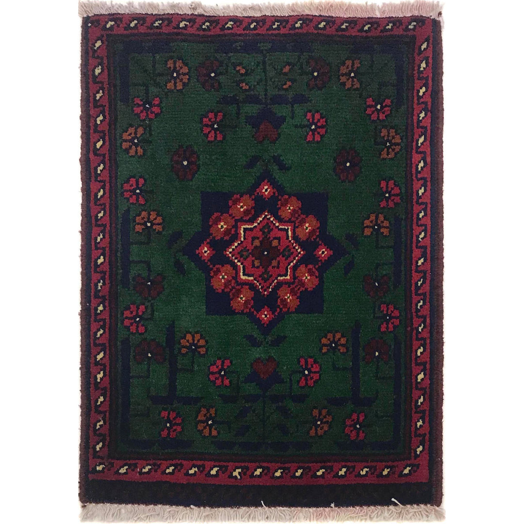 Green Afghan Oriental Rug 1' 4" x 1' 10" Hand-Knotted