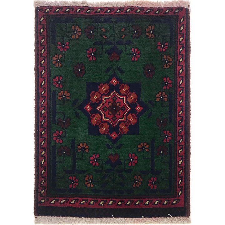 Green Afghan Oriental Rug 1' 4" x 1' 10" Hand-Knotted