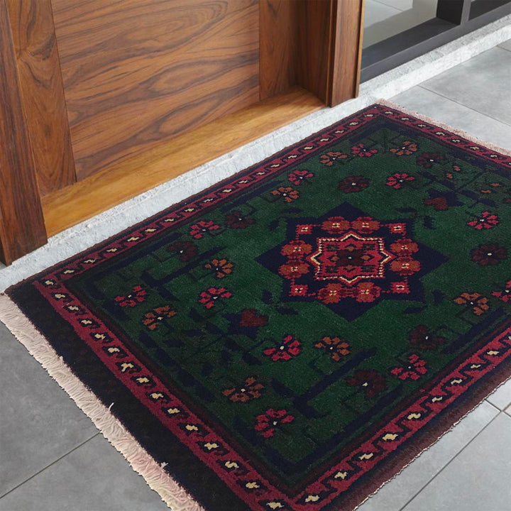 Green Afghan Oriental Rug 1' 4" x 1' 10" Hand-Knotted view