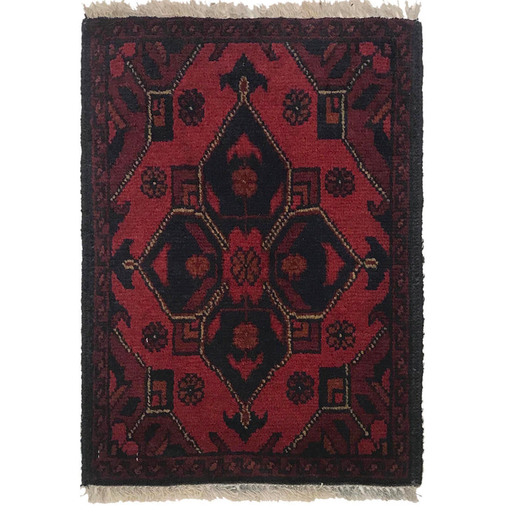 Red Afghan Doormat Rug 1' 3" x 1' 10" Hand-Knotted