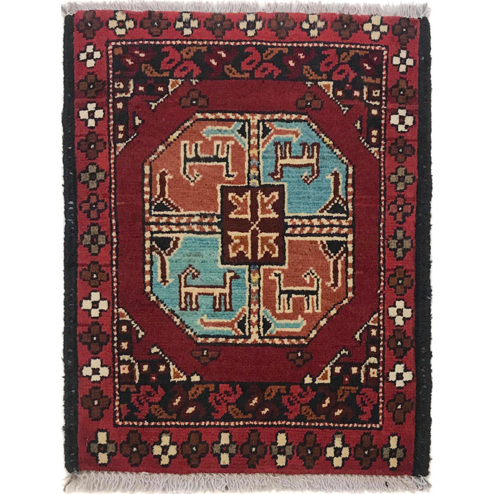 Red Afghan Oriental Rug 1' 5" x 1' 11" Hand-Knotted