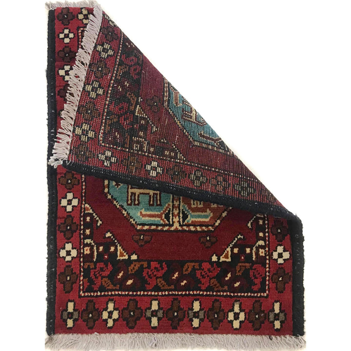 Red Afghan Oriental Rug 1' 5" x 1' 11" Hand-Knotted detail