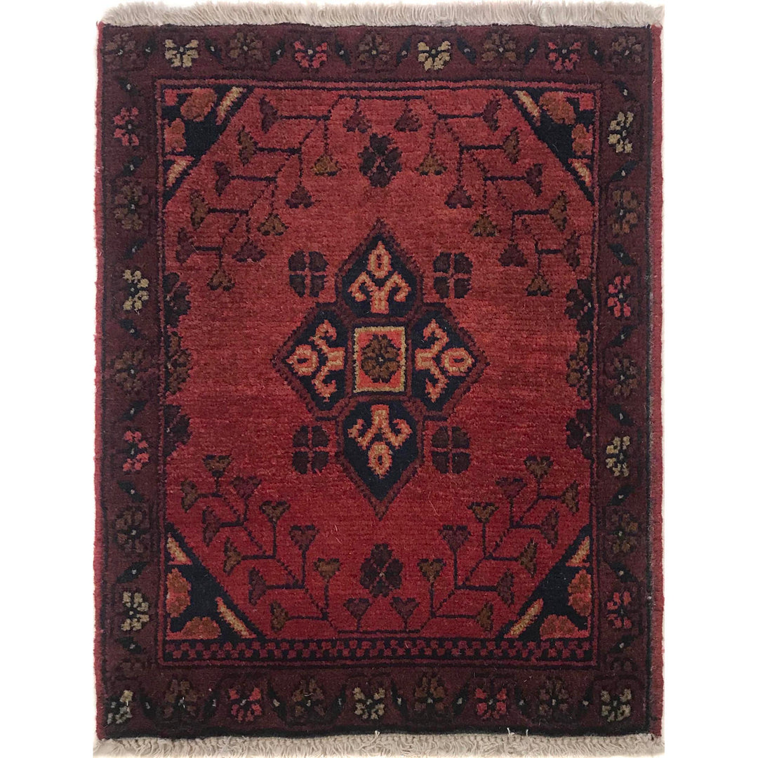 Red Afghan Doormat Rug 1' 3" x 1' 11" Hand-Knotted