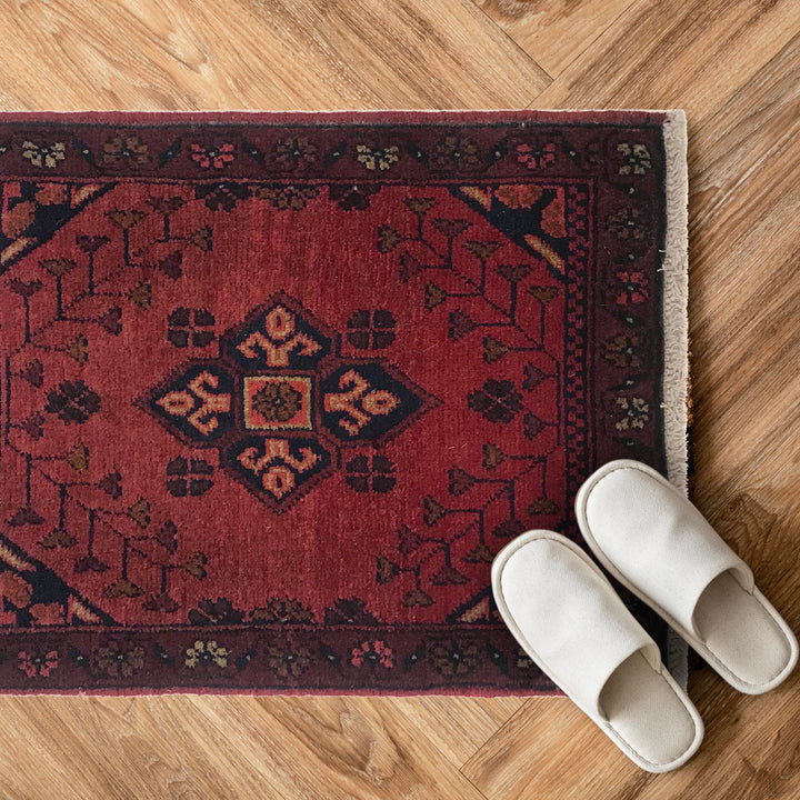 Red Afghan Doormat Rug 1' 3" x 1' 11" Hand-Knotted detail