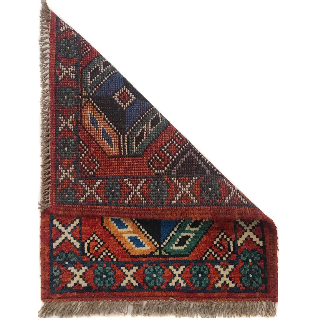 Red Afghan Oriental Rug 1' 6" x 1' 11" Hand-Knotted detail