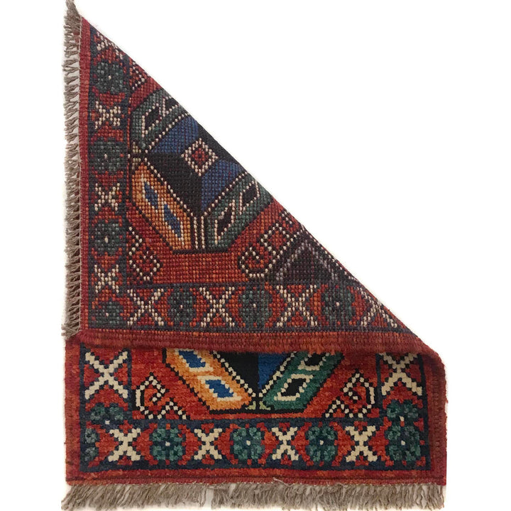 Red Afghan Oriental Rug 1' 6" x 1' 11" Hand-Knotted detail