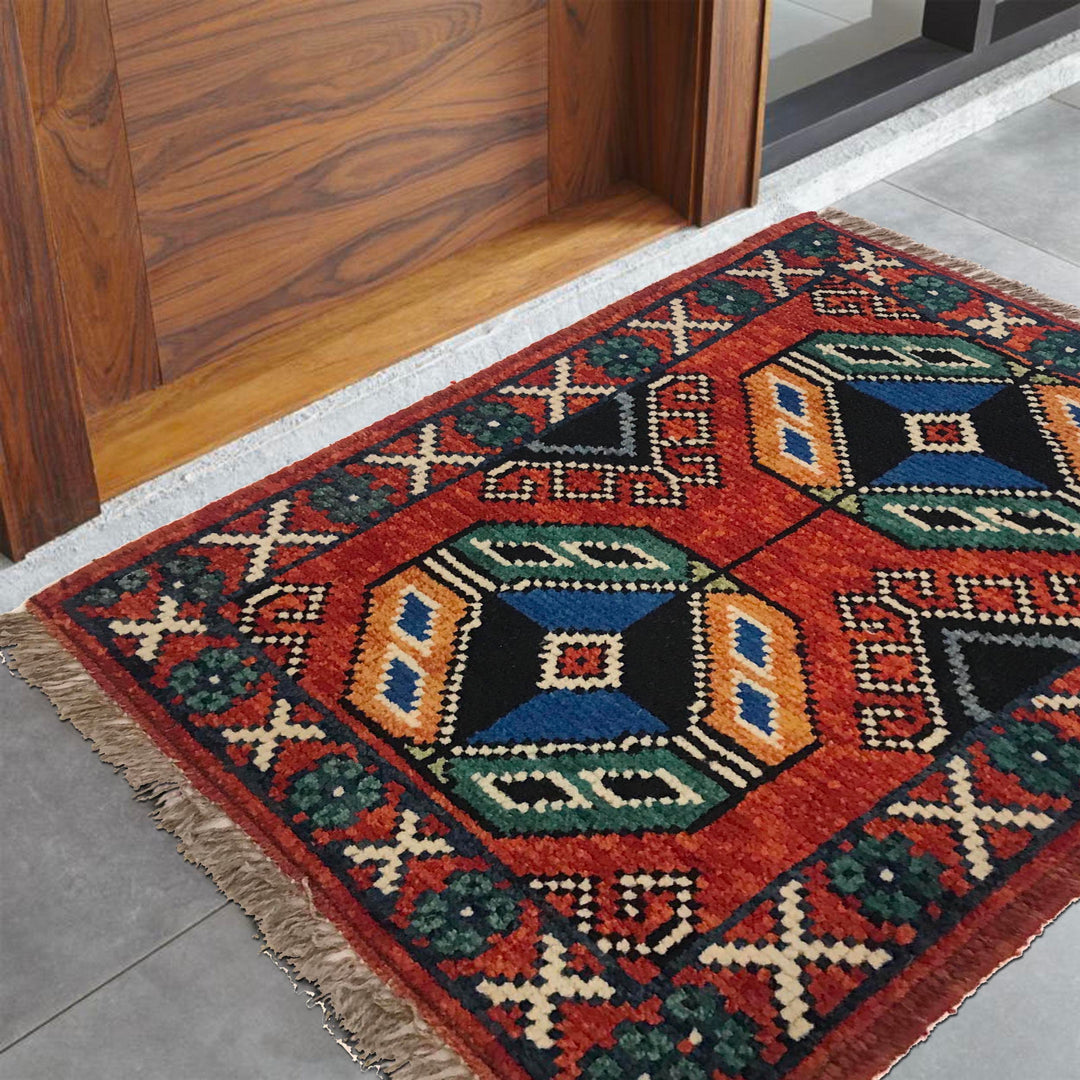 Red Afghan Oriental Rug 1' 6" x 1' 11" Hand-Knotted view
