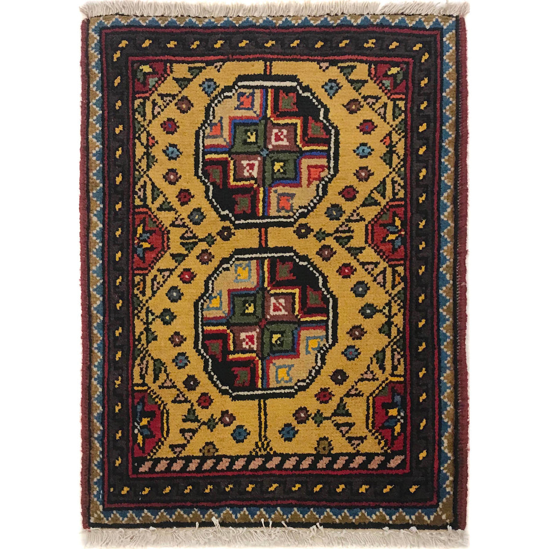 Yellow Afghan Oriental Rug 1' 4" x 1' 10" Hand-Knotted