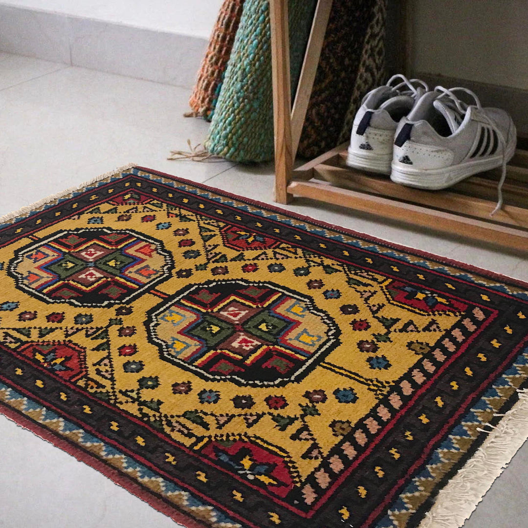 Yellow Afghan Oriental Rug 1' 4" x 1' 10" Hand-Knotted view